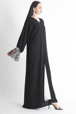 MOIAP60070 3 Black Abaya with Sheer Embroidered Sleeves