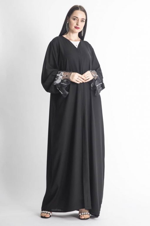 Black Abaya with Sheer Embroidered Sleeves