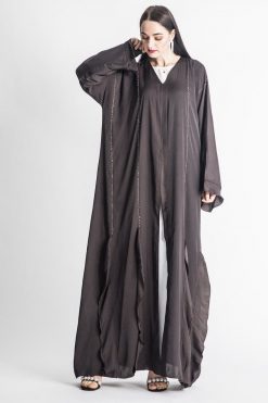 Brown Abaya with Minimalistic Hand Embroidery