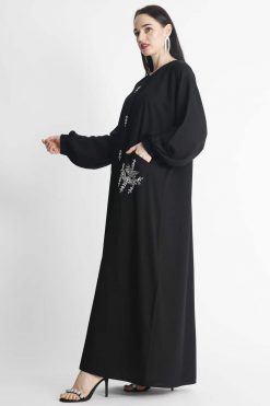 MOIAP60059 4 White Beaded Motif Embroidery Abaya