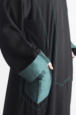 MOIAP60044 4 Green Pockets Embroidery Abaya