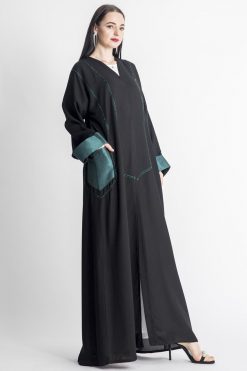 MOIAP60044 3 Green Pockets Embroidery Abaya