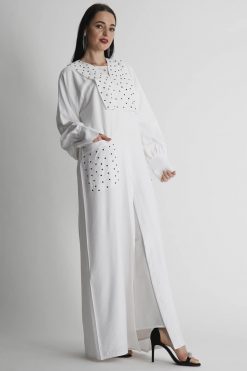MOIAP60035 3 White Abaya with Black Rein Stone Embellishment