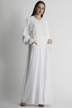 White Abaya with Black Rein Stone Embellishment