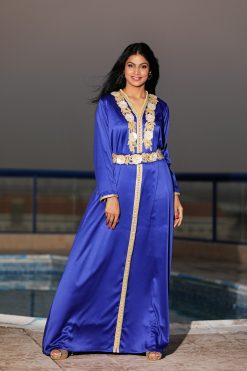 Dark Blue with Yellow Floral Satin Kaftan