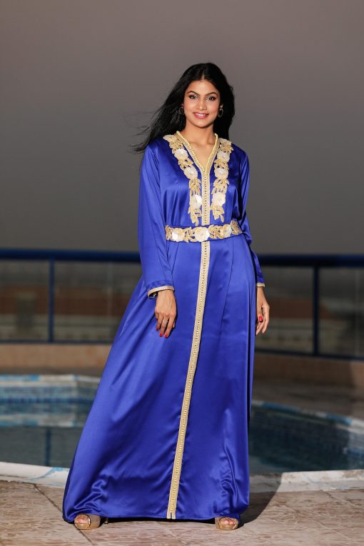 Dark Blue with Yellow Floral Satin Kaftan